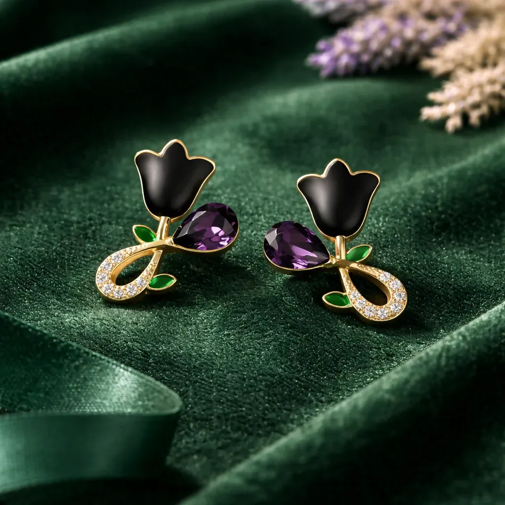 Elegant Black Floral Gold Plated Stud Earrings with Crystal Detail - Detailed Feature View 3