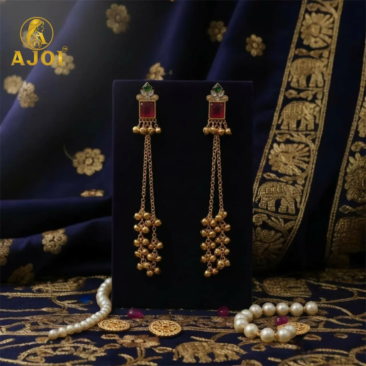 Pink Kashmiri Long Chain Ghungroo Earrings with Gold-Toned Chains - Detailed Feature View 4