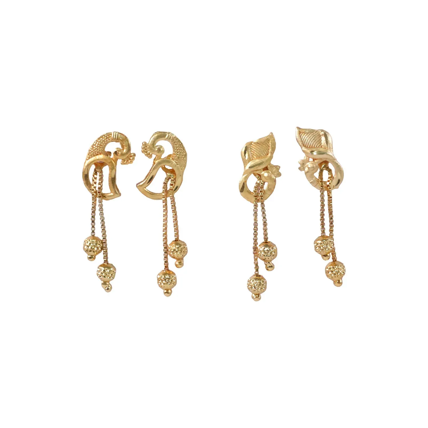 Elegant Gold-Toned Ethnic Earrings Set with Floral Peacock Design & Beads (2 Pair) - Detailed Feature View 4