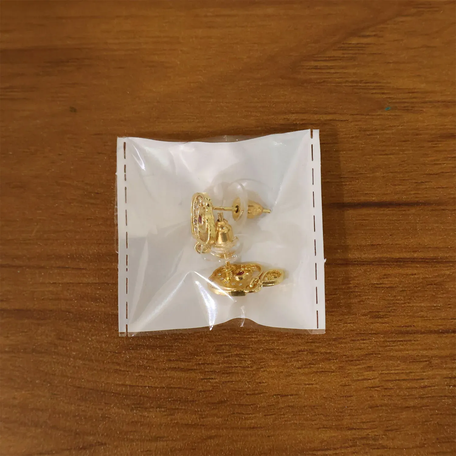 Trendy Geometric Gold Earrings with Sparkling Stones & Drop Charm - Detailed Feature View 5