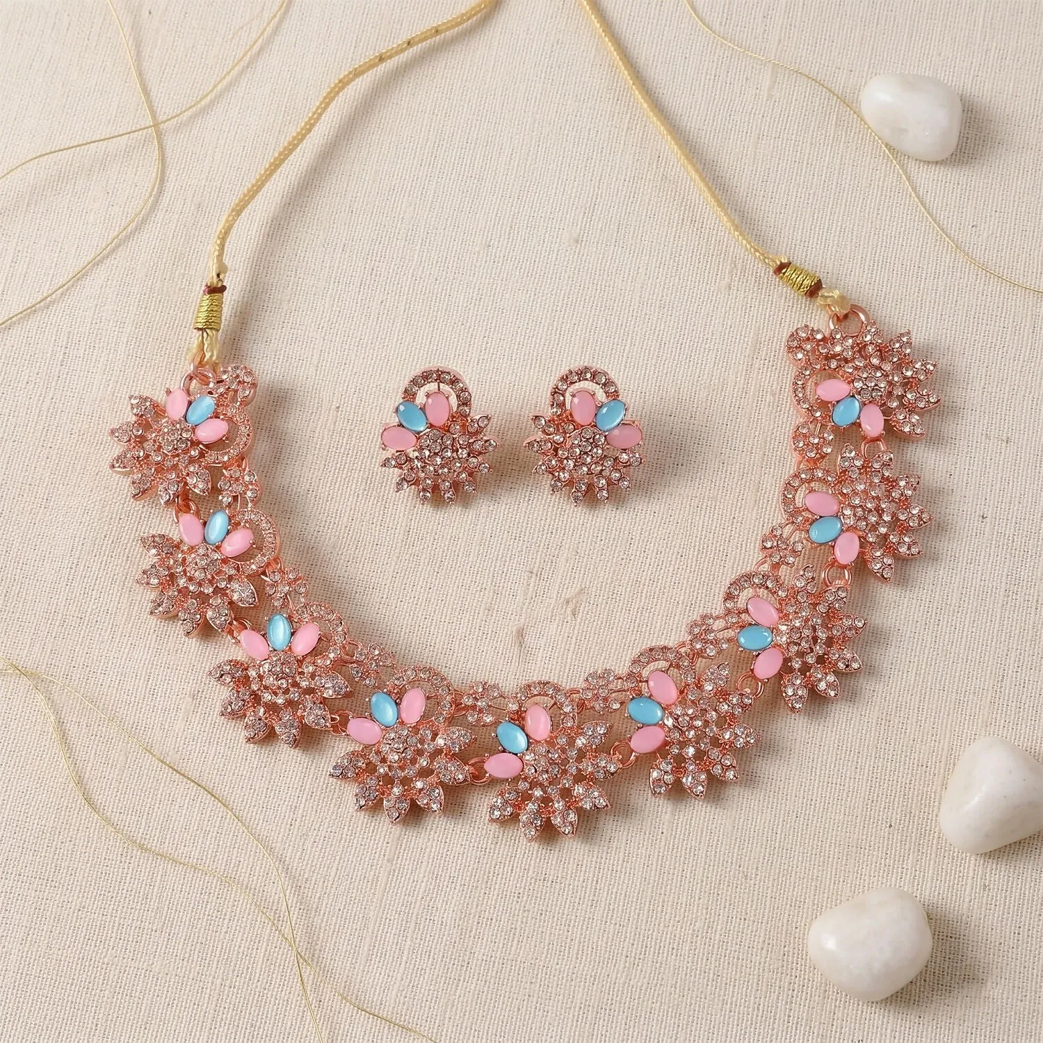 Hot Pink and Blue Stones Necklace & Earrings Set with Gold Plating - Detailed Feature View 3