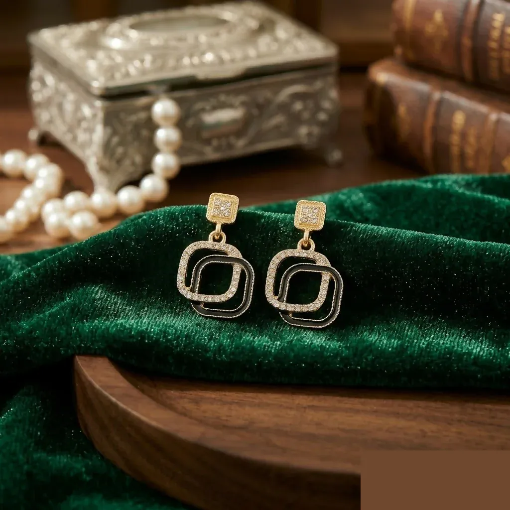 Premium Korean Black Stone Gold Plated Geometric Drop Earrings - Buy Online at Alikart