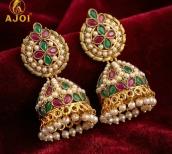 Exquisite Traditional Kundan Jhumka Earrings with Ruby & Emerald Stones, Handcrafted Gold-Tone Pearl Drop Bridal Jewelry