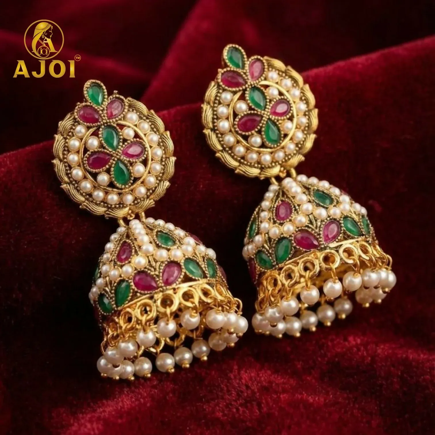 Premium Exquisite Traditional Kundan Jhumka Earrings with Ruby & Emerald Stones, Handcrafted Gold-Tone Pearl Drop Bridal Jewelry - Buy Online at Alikart