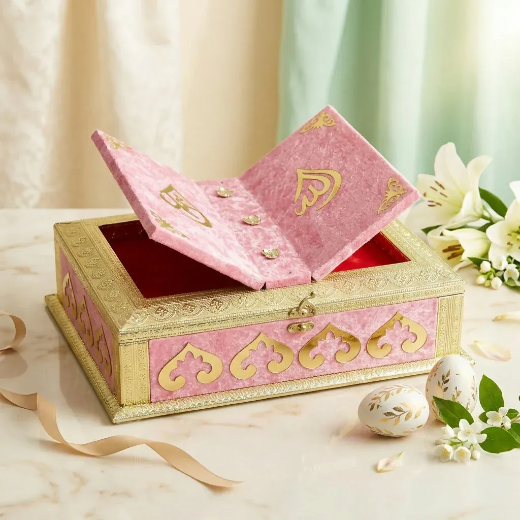 Luxury Velvet Quran Box with Folding Rehal and Golden Calligraphy - Detailed Feature View 1