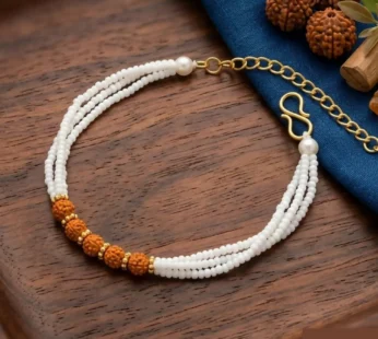 Natural Rudraksha Beads Bracelet with White Pearl & Gold Accents
