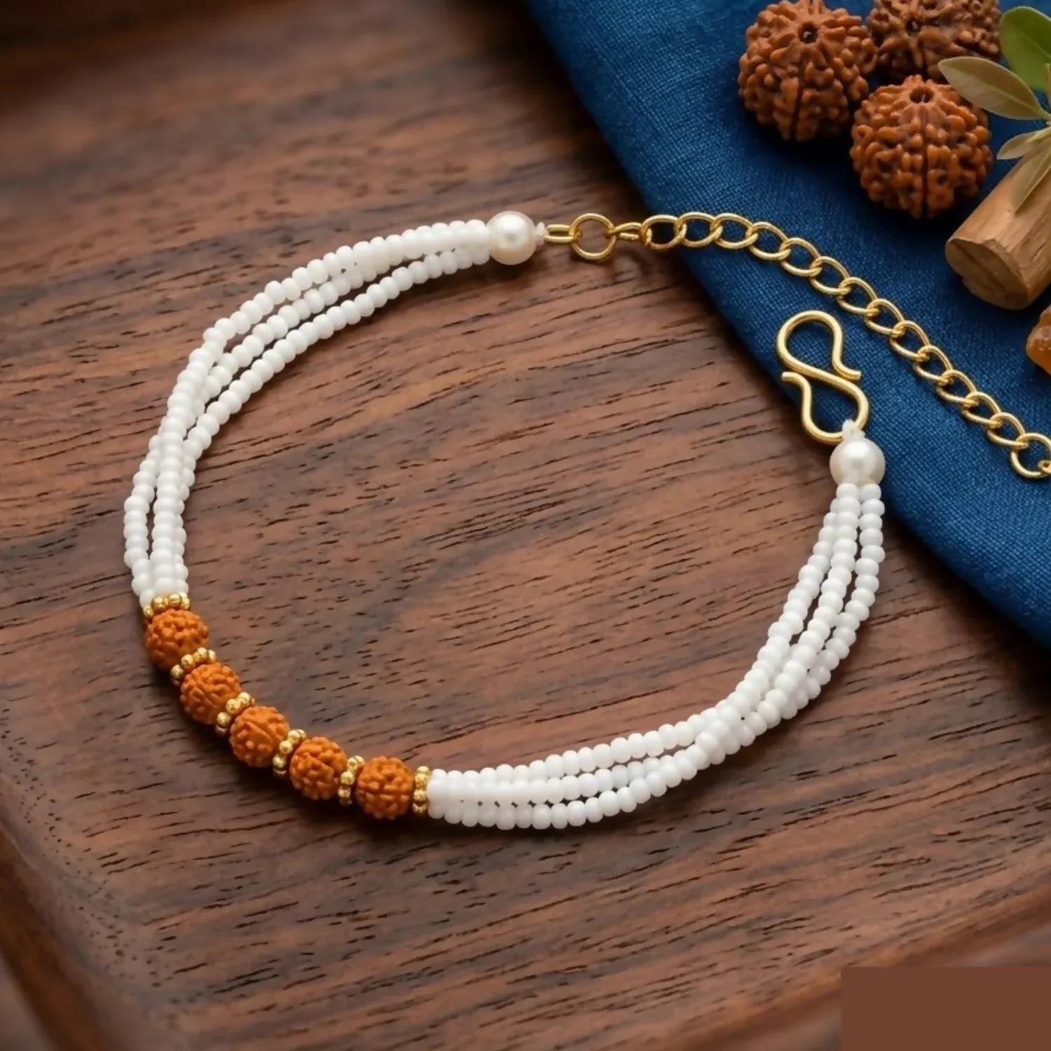 Premium Natural Rudraksha Beads Bracelet with White Pearl & Gold Accents - Buy Online at Alikart