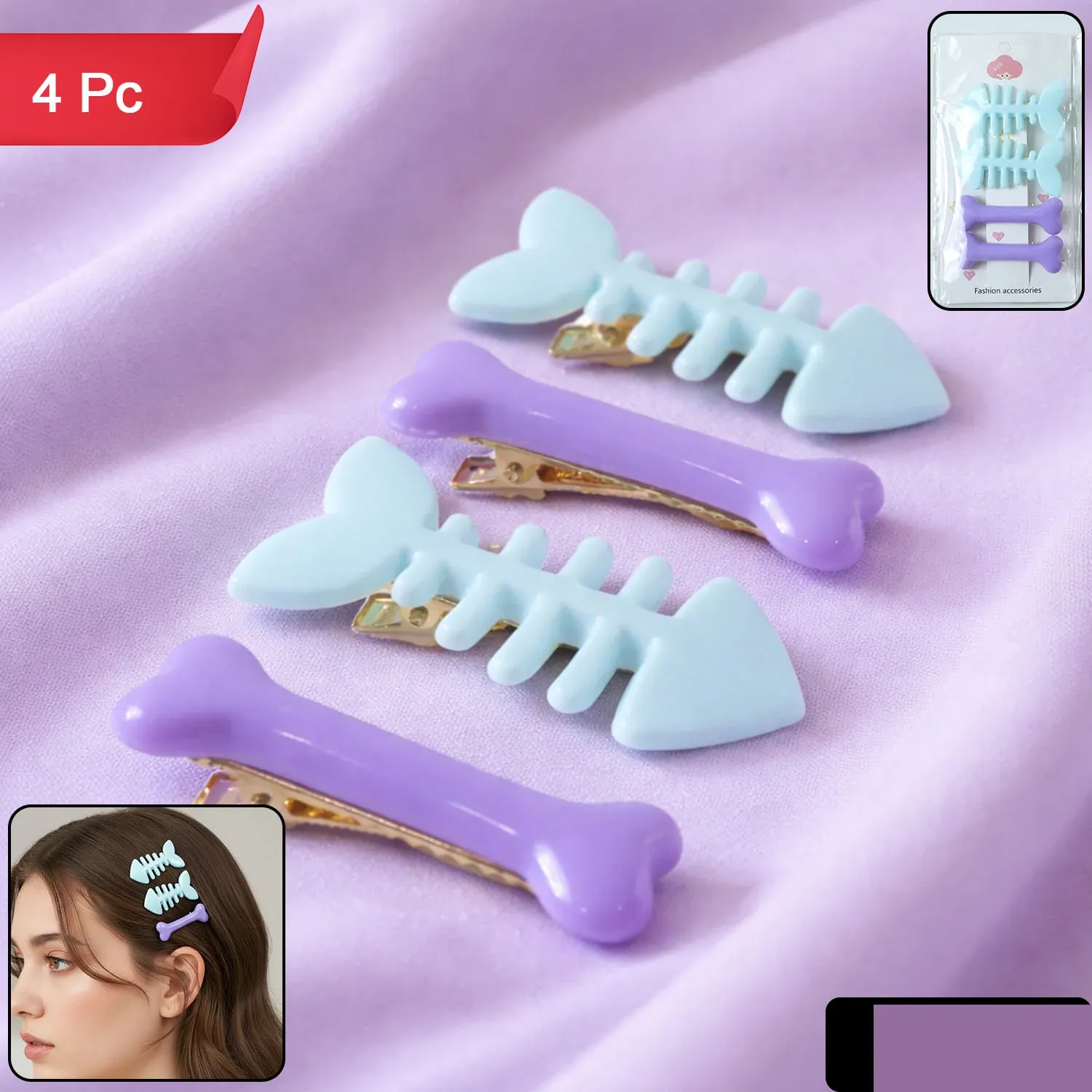 Fishbone Hair Clip Set – Cute & Strong Grip Pack of 4 - Detailed Feature View 1