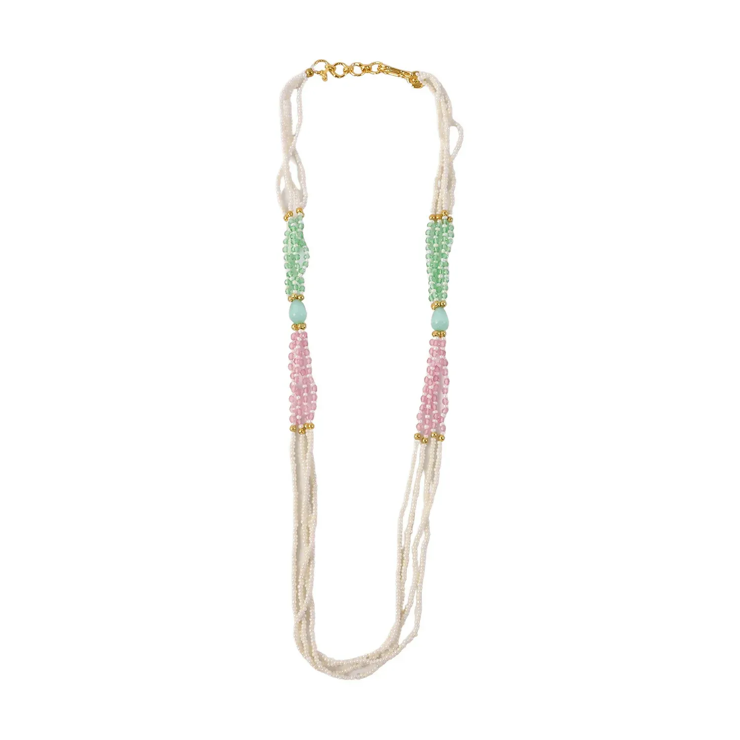 Layered Pearl Mala Necklace with Pastel Green & Pink Beads - Detailed Feature View 4