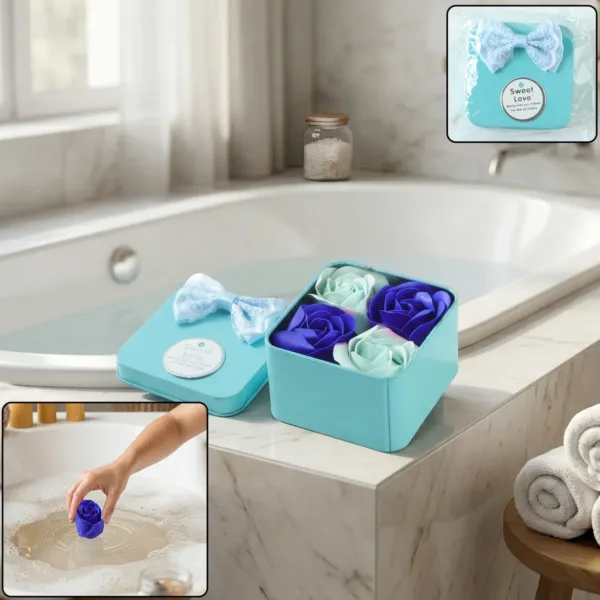 Luxury Rose Flower Bath Soap Gift Set with Storage Box 4 Pc
