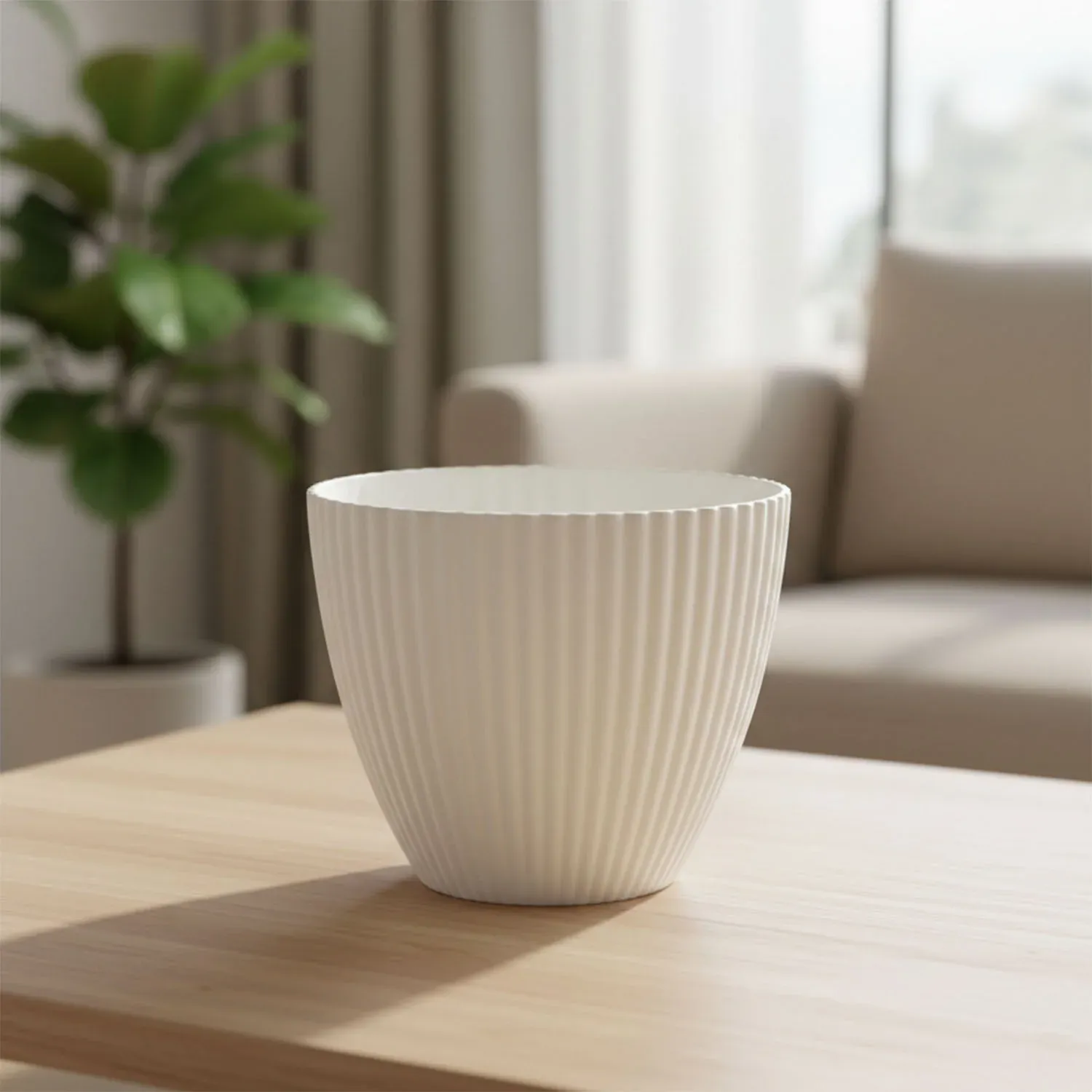Premium White Ribbed Decorative Flower Pot – Modern Indoor Planter - Detailed Feature View 3