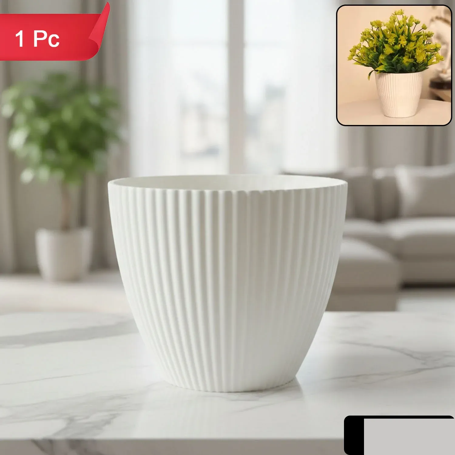Premium White Ribbed Decorative Flower Pot – Modern Indoor Planter - Detailed Feature View 1