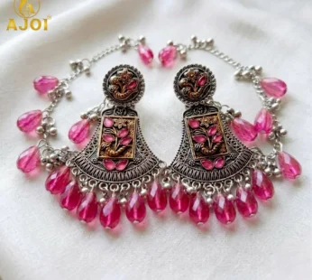 Traditional Two Tone Oxidised Floral Earrings with Rani Pink Crystal Hanging Drops