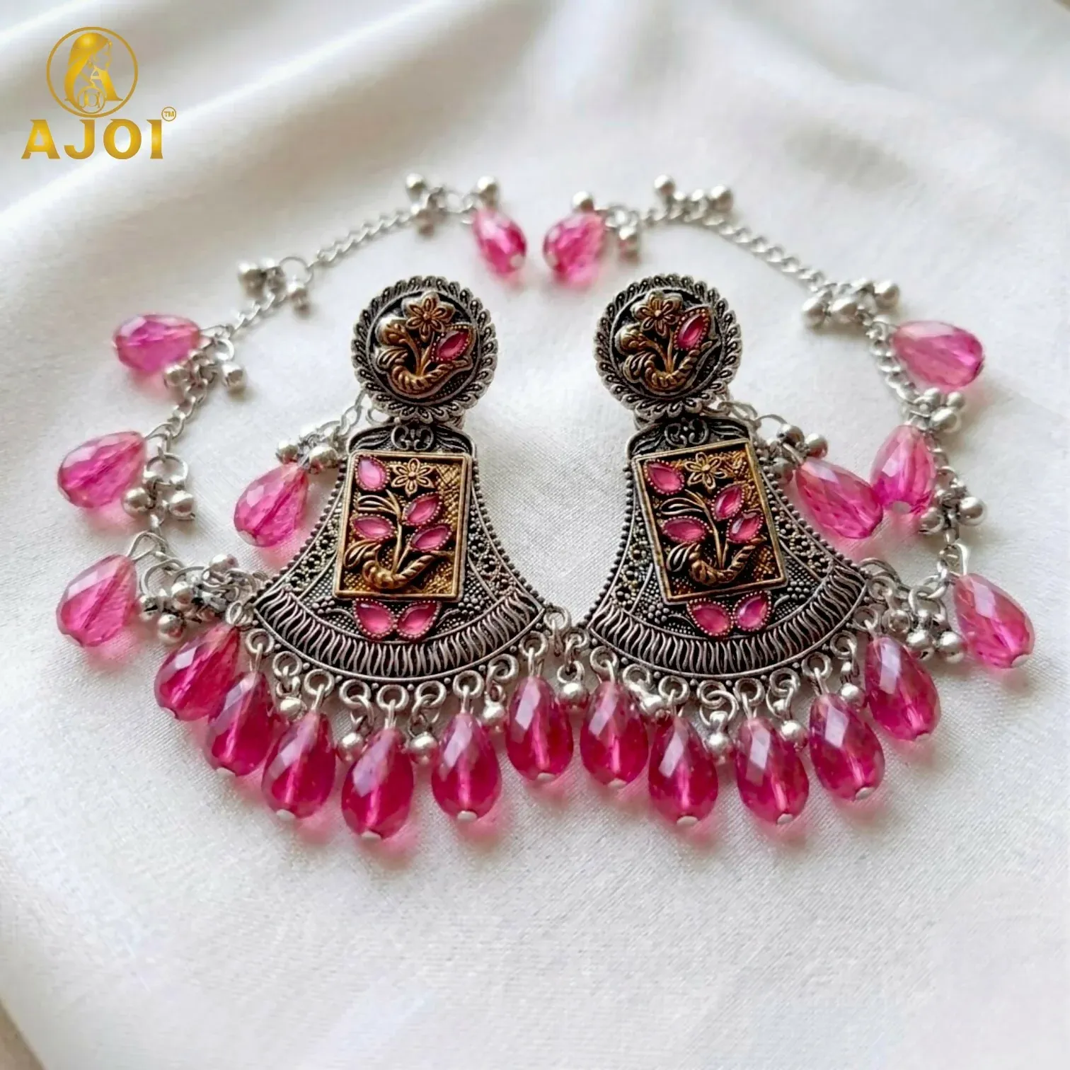 Premium Traditional Two Tone Oxidised Floral Earrings with Rani Pink Crystal Hanging Drops - Buy Online at Alikart