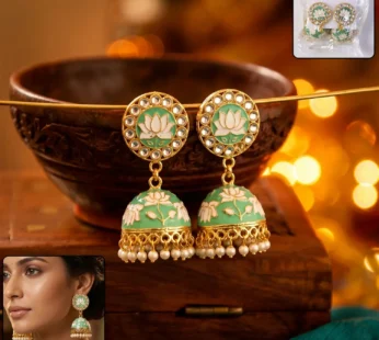 Pista Lotus Design Gold Tone Jhumka Earrings with Pearl Beads