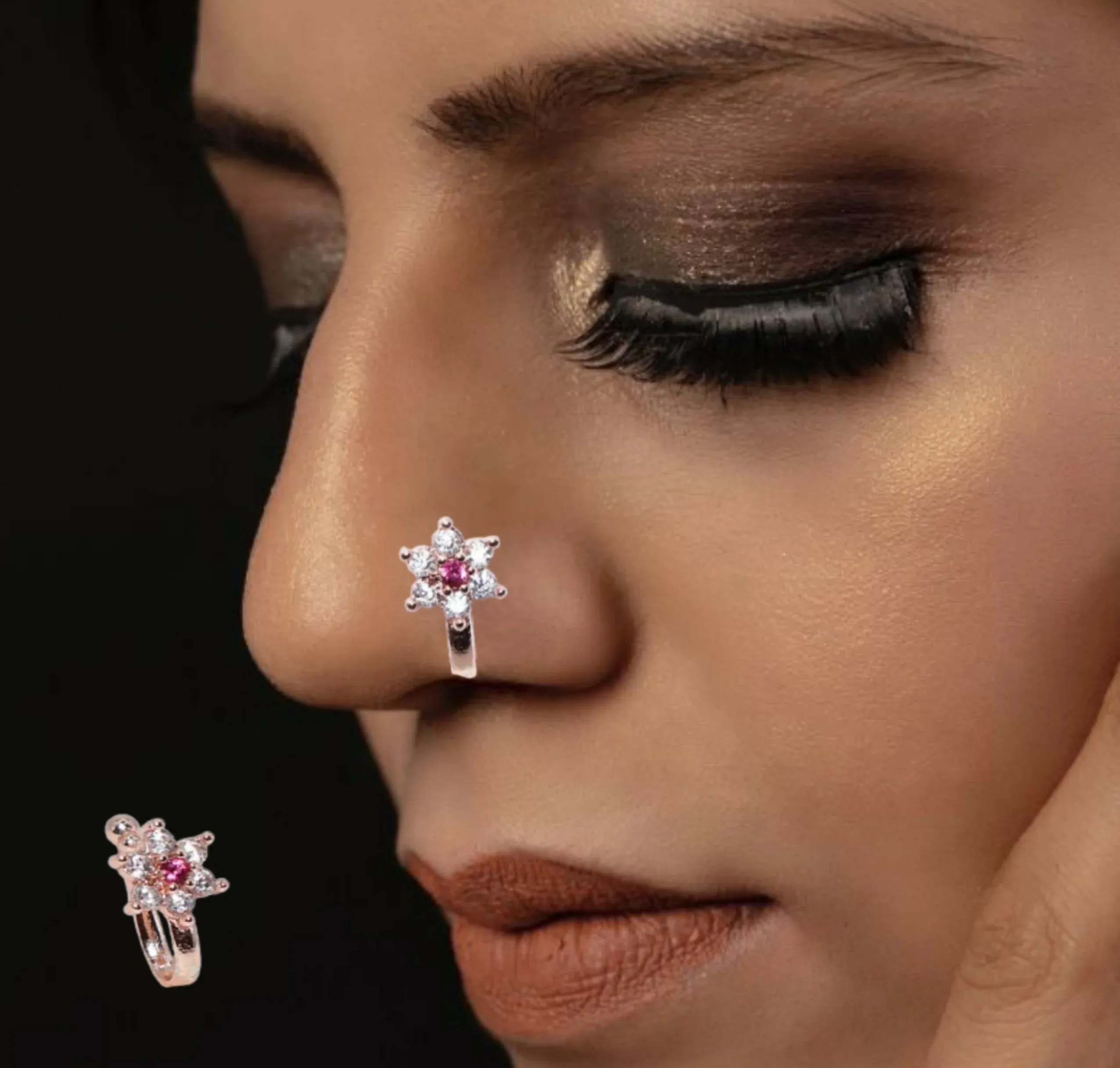 Premium Non-Piercing AD Nose Clip Set - Flower & Gold Pave Hoop - Buy Online at Alikart