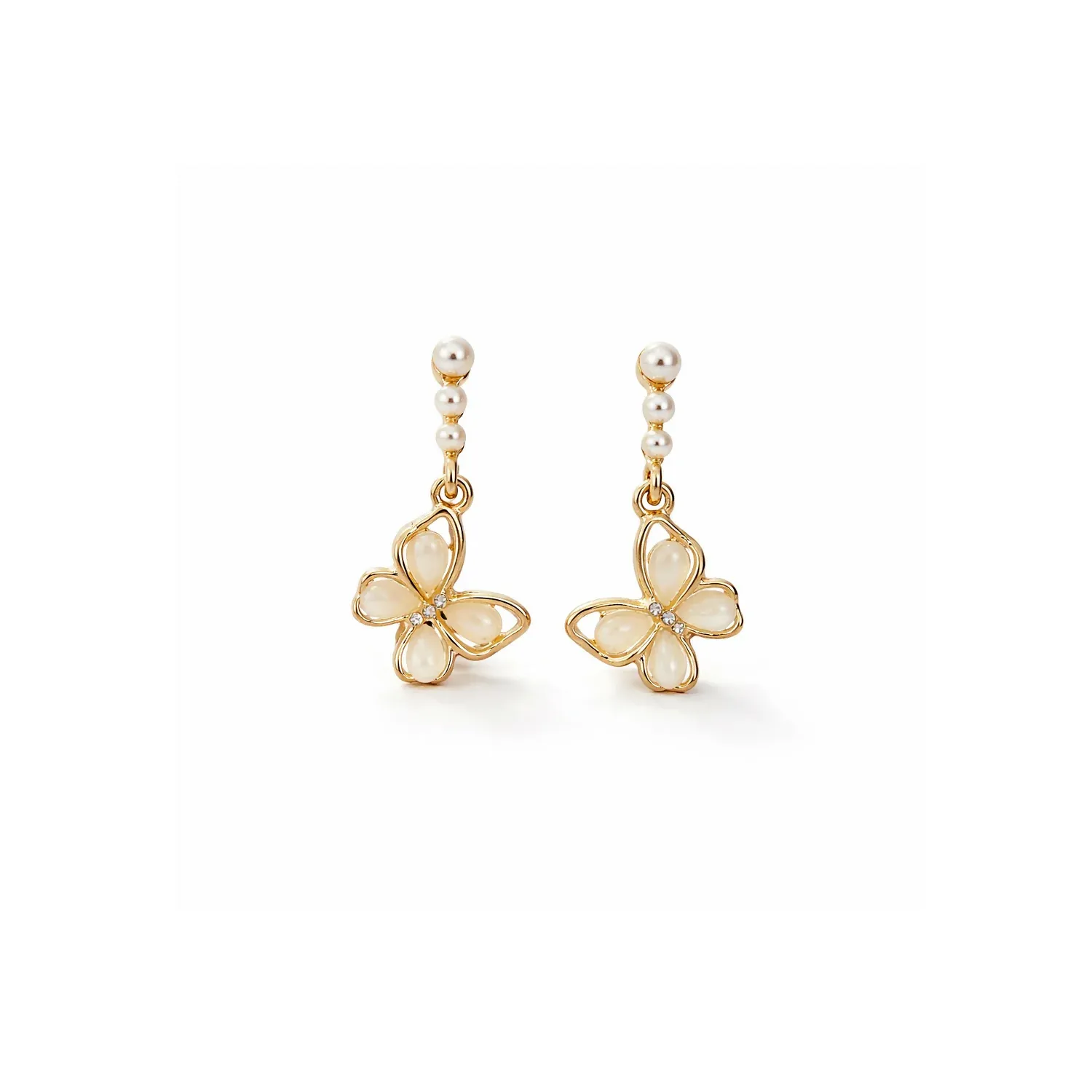 Elegant Gold Butterfly Pearl Drop Earrings with Floral Design - Detailed Feature View 4