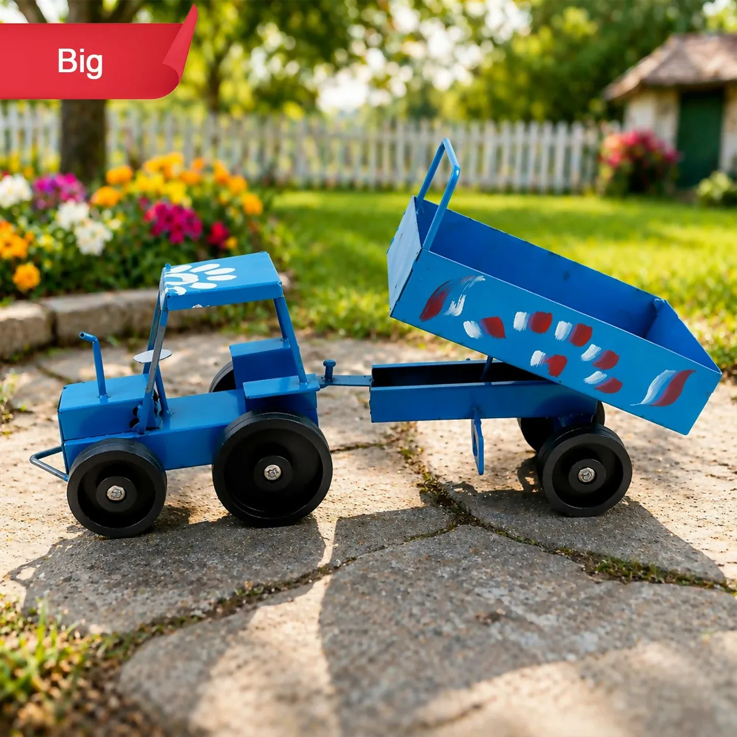 Premium Handcrafted Blue Metal Tractor Toy with Trailer - Vintage Charm - Buy Online at Alikart