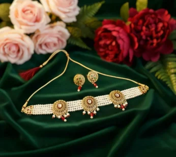 Traditional Gold-Plated Kundan Pearl Choker Necklace Set with Emerald red Drops and Matching Earrings