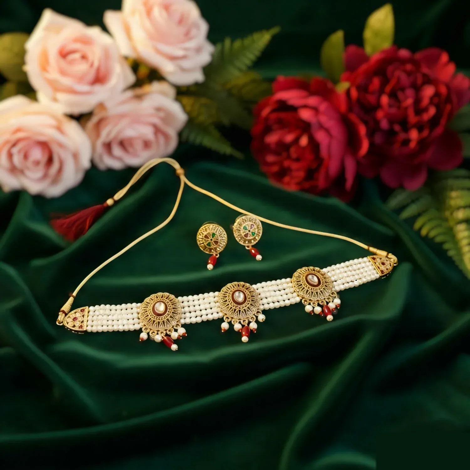 Premium Traditional Gold-Plated Kundan Pearl Choker Necklace Set with Emerald red Drops and Matching Earrings - Buy Online at Alikart
