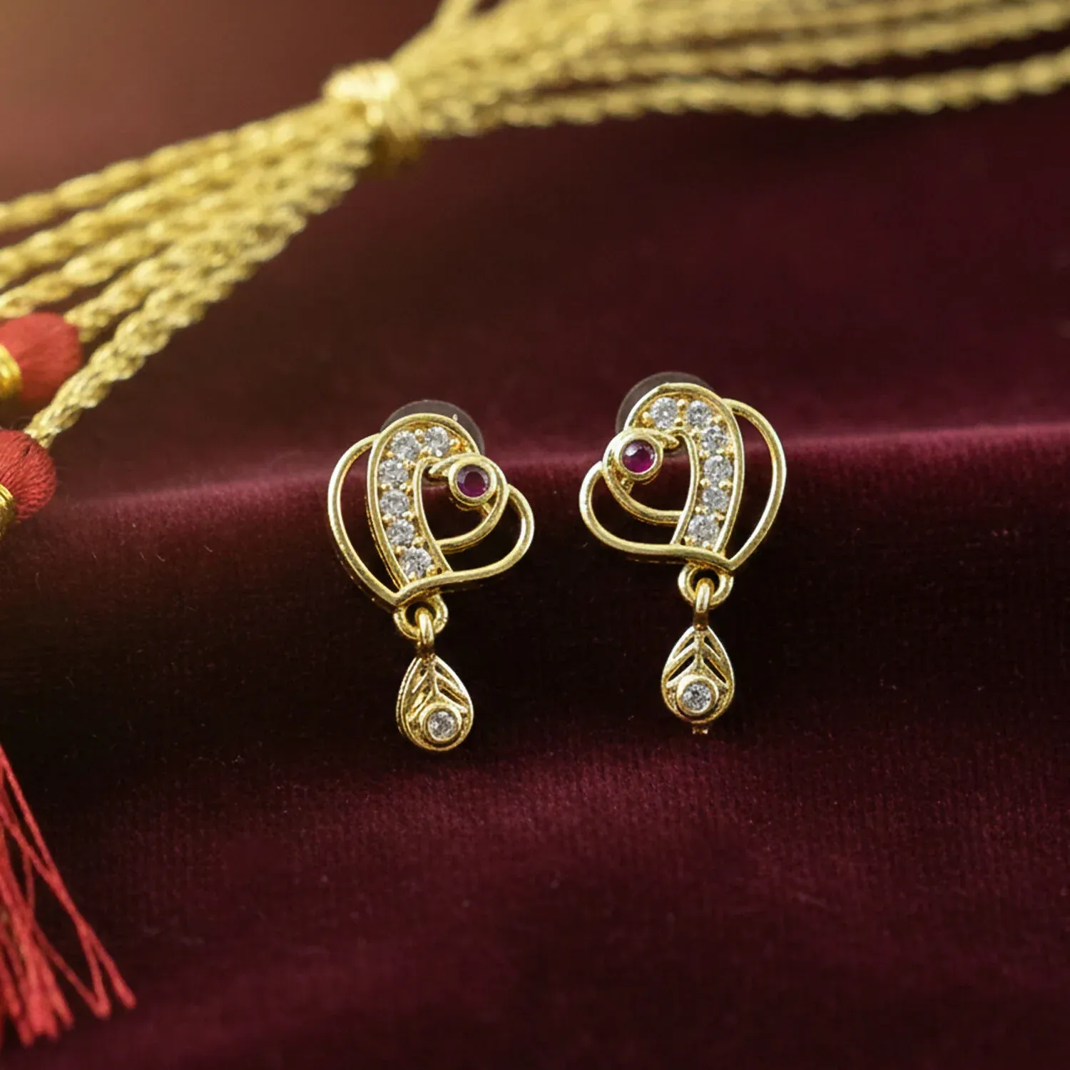 Trendy Geometric Gold Earrings with Sparkling Stones & Drop Charm - Detailed Feature View 1