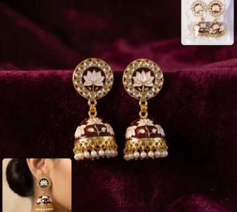 Maroon Lotus Design Gold-Tone Jhumka Earrings with Pearls