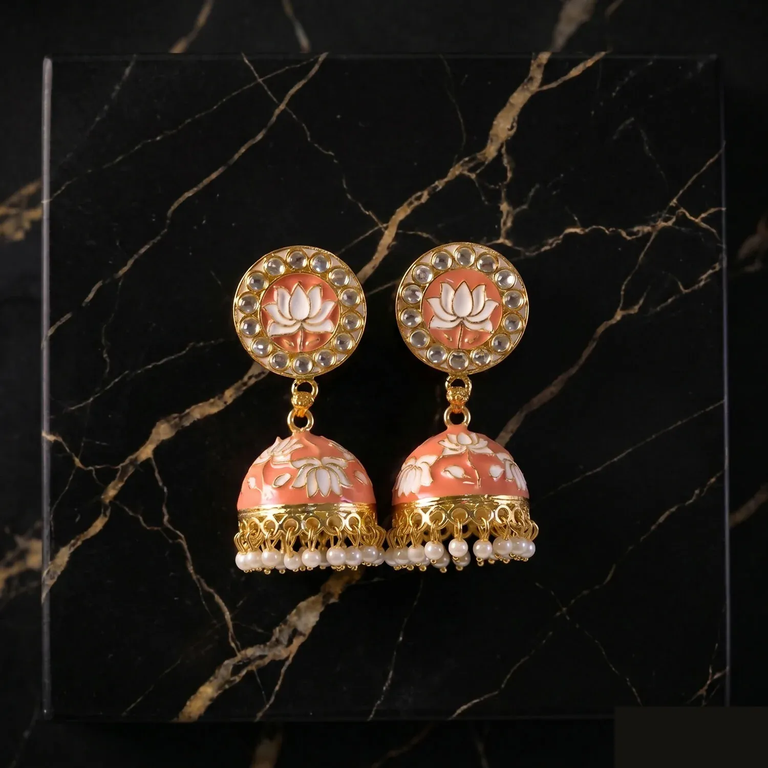 Peach Lotus Design Gold Tone Jhumka Earrings with Pearl Beads - Detailed Feature View 1