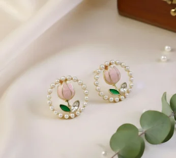 Korean Style Pearl Floral Stud Earrings for Women & Girls
