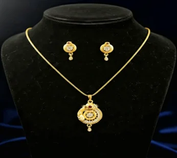 Gold-Plated Circular Pendant Necklace with Matching Drop Earrings – Floral Diamond & Ruby Accents