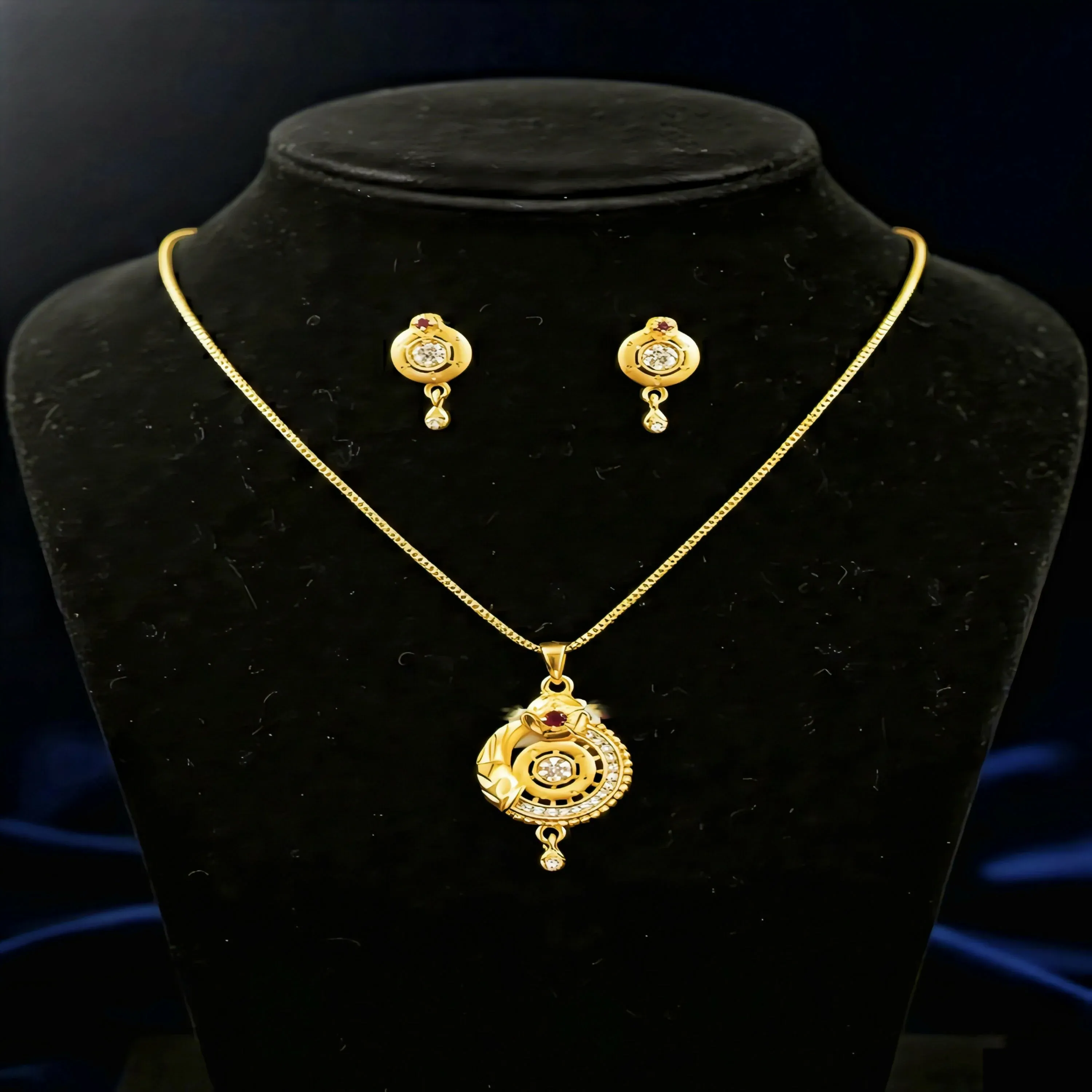 Premium Gold-Plated Circular Pendant Necklace with Matching Drop Earrings – Floral Diamond & Ruby Accents - Buy Online at Alikart