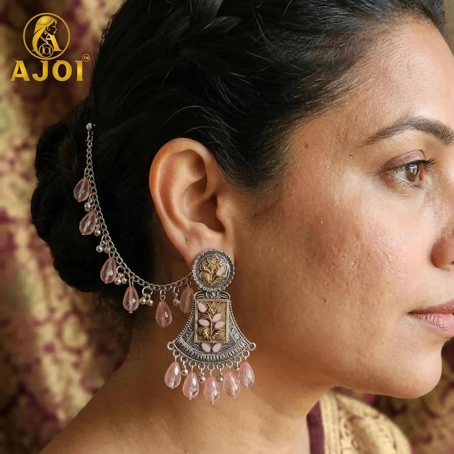 Antique Dual-Tone Oxidised Floral Drop Earrings with Pink Crystal Teardrop Danglers - Detailed Feature View 1