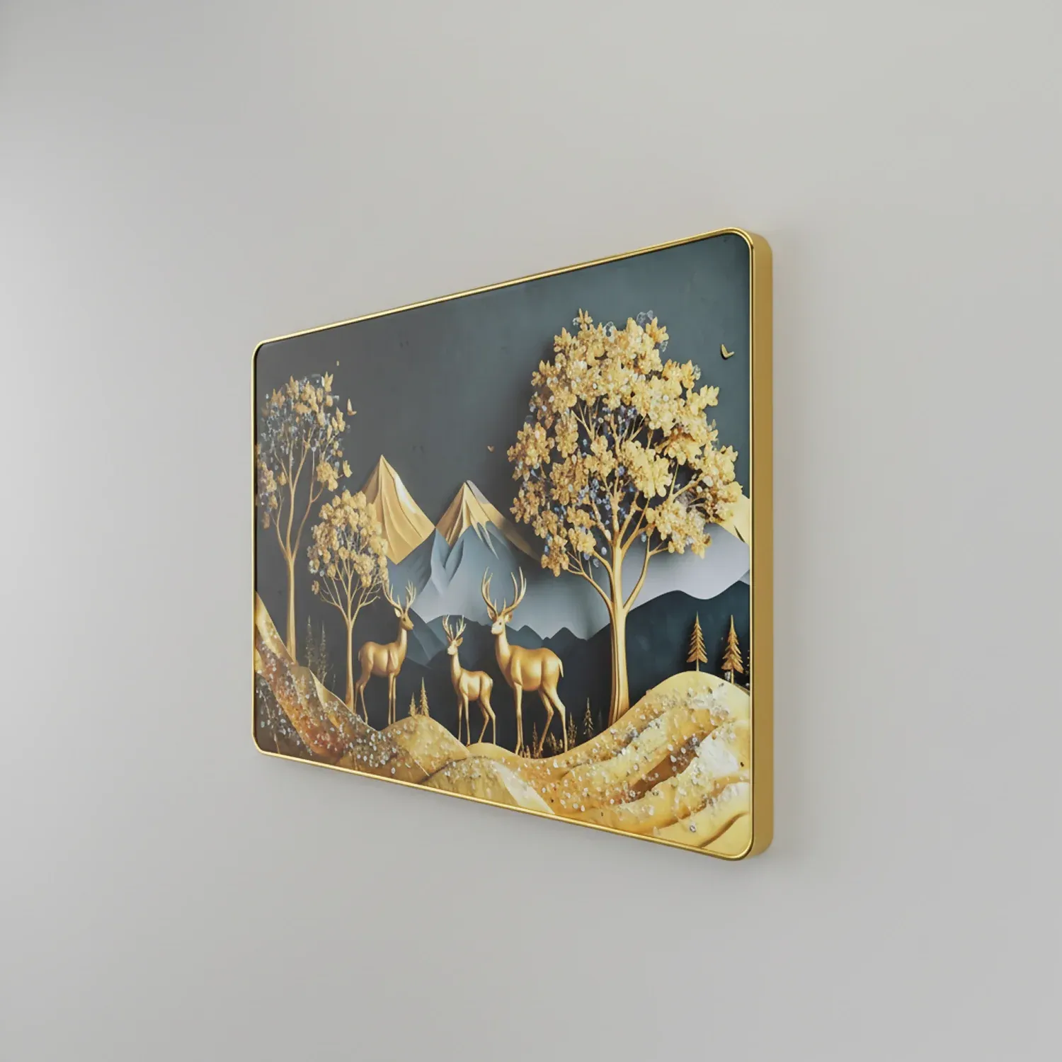 Luxury Golden Deer Wall Art – Elegant Mountain Landscape Decor - Detailed Feature View 4