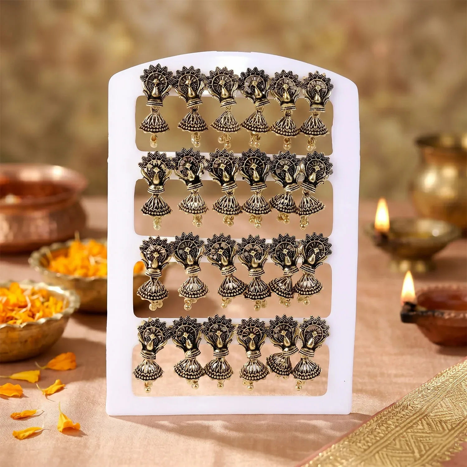 12 Pair Oxidised Floral Leaf Jhumka Earrings Set for Women - Detailed Feature View 5