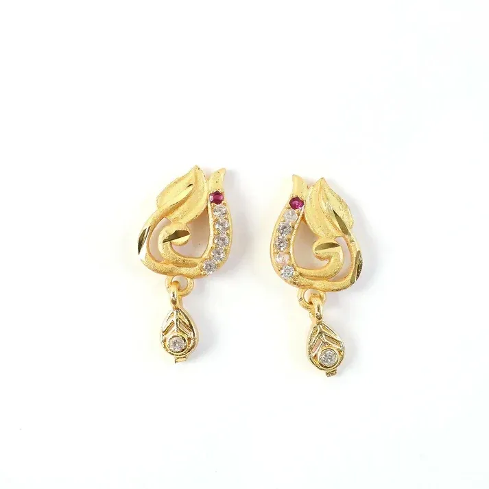 Traditional Curved Leaf Style Gold Stud Earrings With Crystal Detailing And Drop Charm - Detailed Feature View 4
