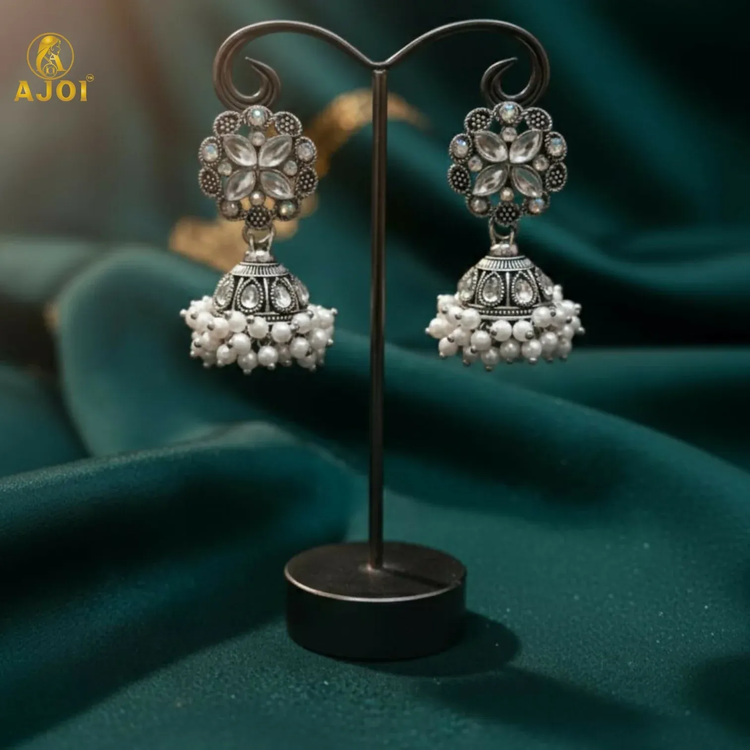Silver Oxidized Floral Jhumka Earrings with Pearl Drops - Detailed Feature View 3