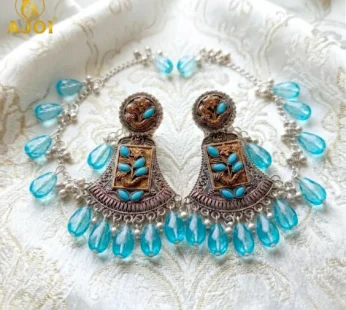 Antique Oxidised Floral Earrings with Sky Blue Crystal Drops & Ear Support Chain