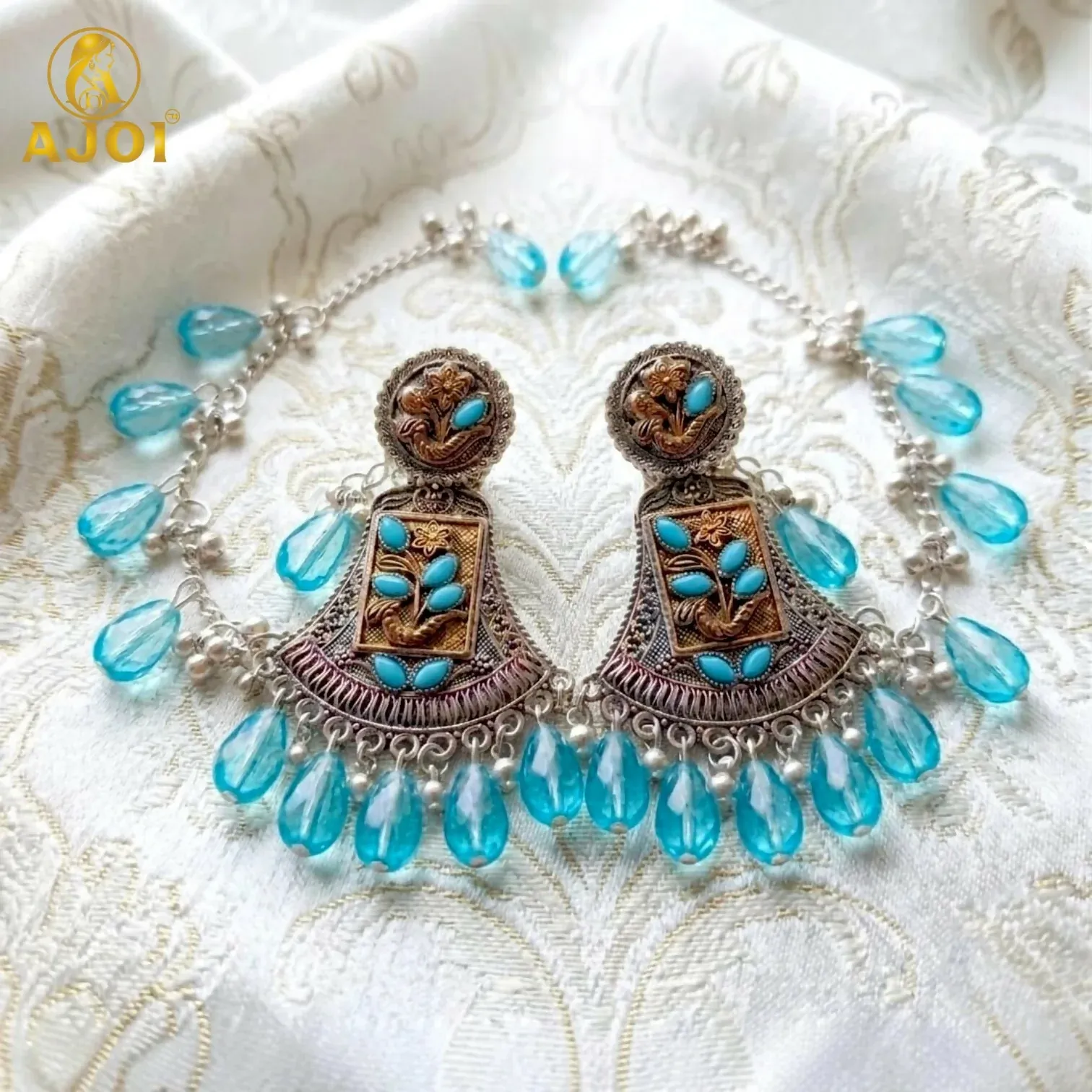 Premium Antique Oxidised Floral Earrings with Sky Blue Crystal Drops & Ear Support Chain - Buy Online at Alikart