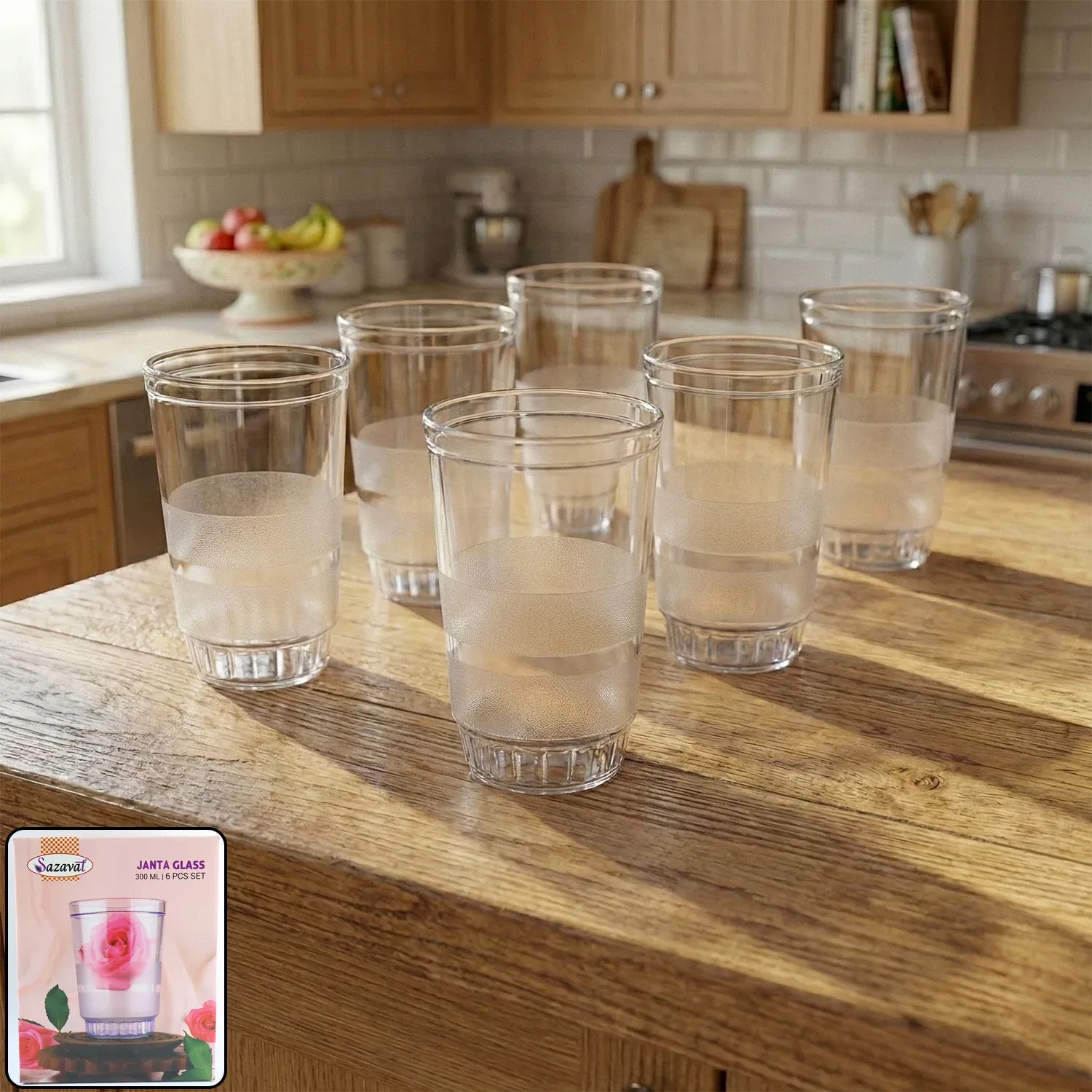 Premium Janta Drinking Glass Set – 6 Pc with Frosted Grip, 300ml Each - Buy Online at Alikart