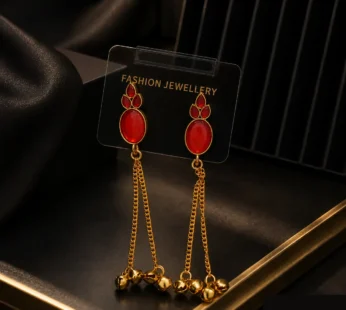 Red Stone Gold Tone Long Chain Tassel Dangler Earrings for Women with Ghungroo Beads