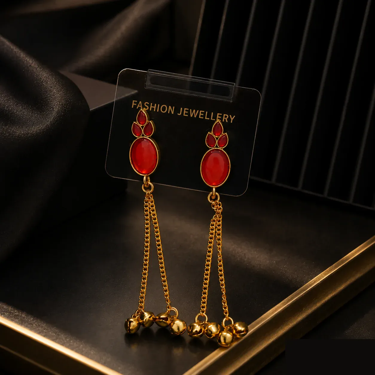 Premium Red Stone Gold Tone Long Chain Tassel Dangler Earrings for Women with Ghungroo Beads - Buy Online at Alikart