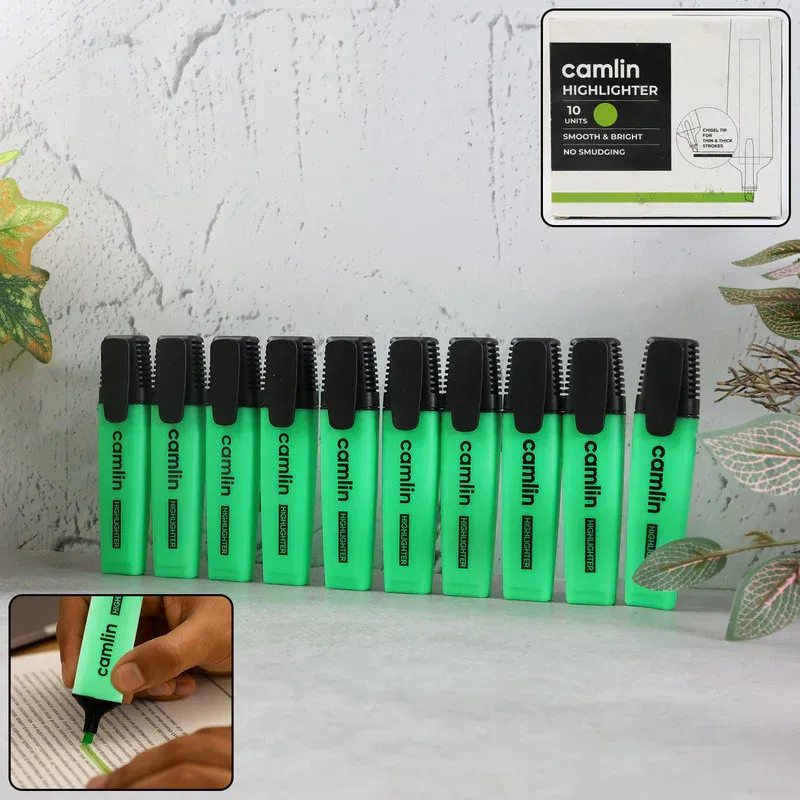 Premium Camlin Highlighter Green – Smooth & Bright Fluorescent Highlighter Pen (Pack of 10) - Buy Online at Alikart