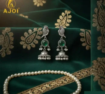 Antique Silver Peacock Jhumka Earrings with Emerald Stone & Pearl Drops