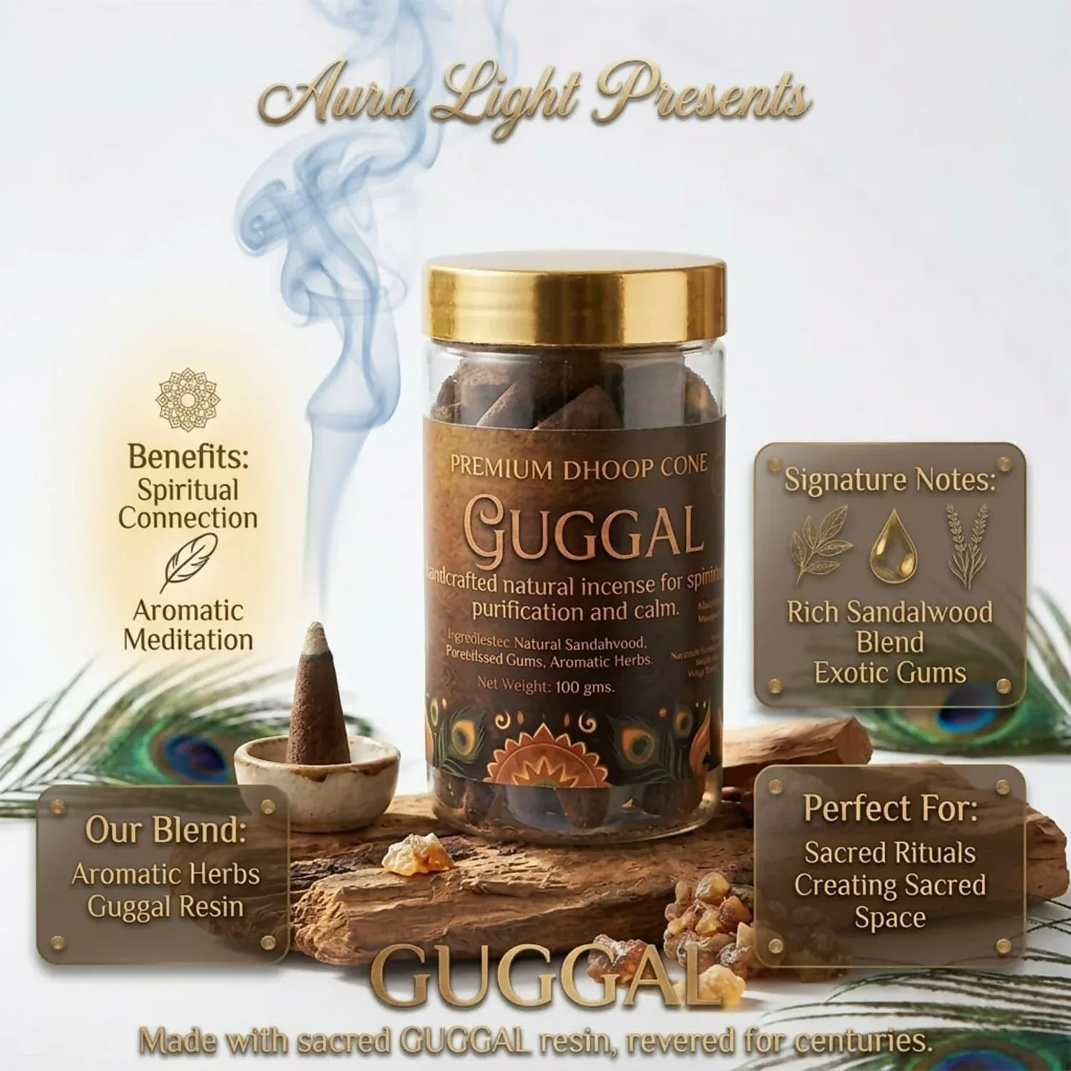 Rajwadi Guggal Dhoop Cones 100gm – Long Lasting Aroma for Pooja & Meditation - Detailed Feature View 2