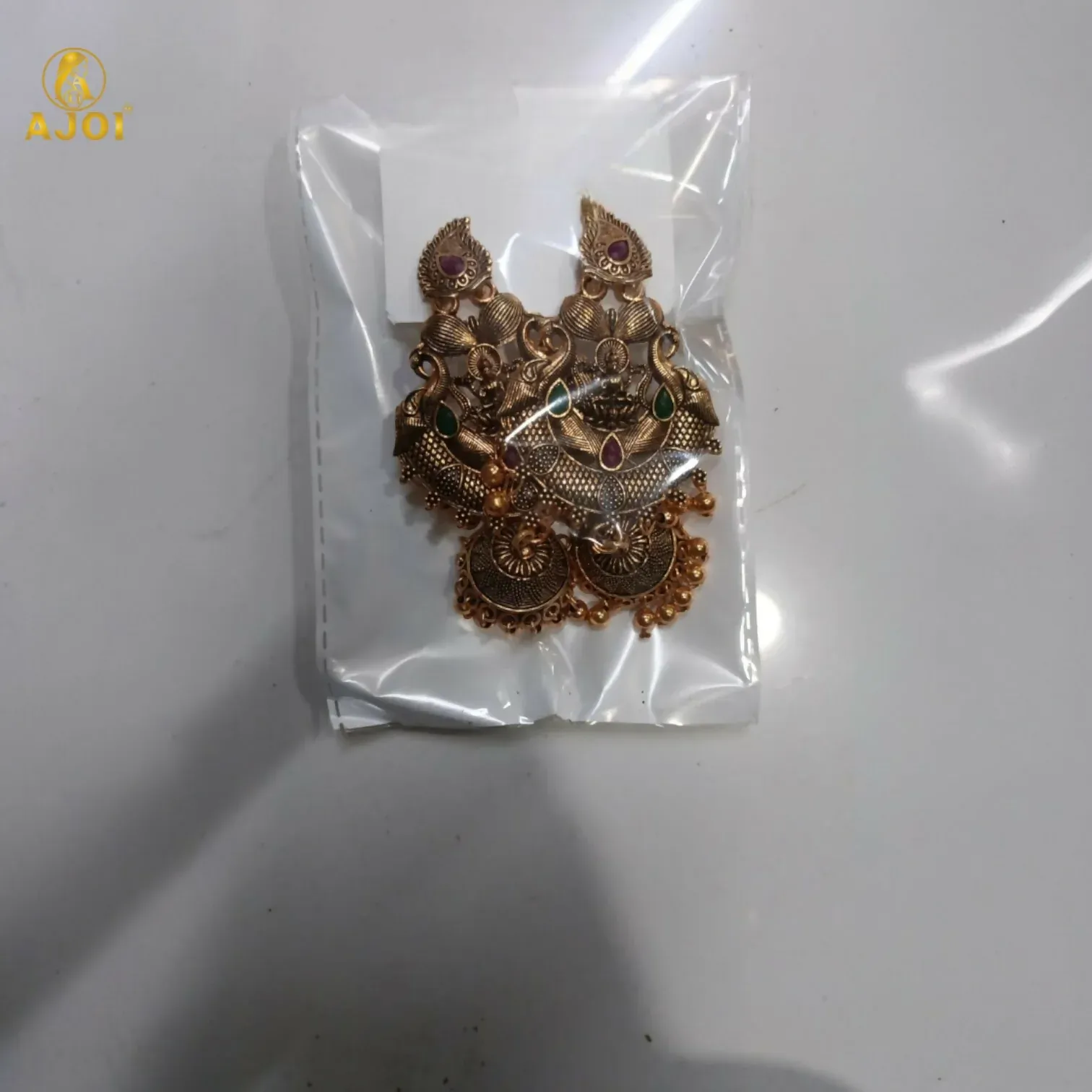 Antique Gold Plated Temple Jhumka Earrings with Lakshmi Motif - Detailed Feature View 6