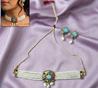 Traditional Sky Blue Stone Pearl Choker Necklace Set with Earrings for Women
