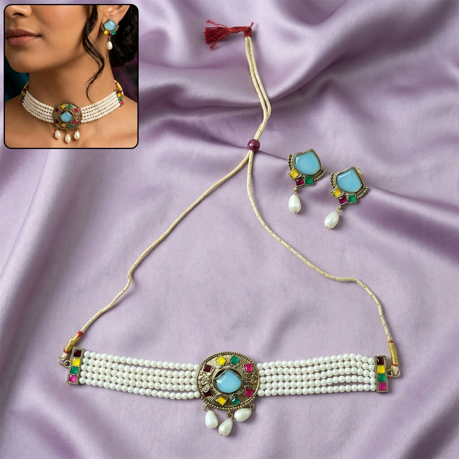 Premium Traditional Sky Blue Stone Pearl Choker Necklace Set with Earrings for Women - Buy Online at Alikart