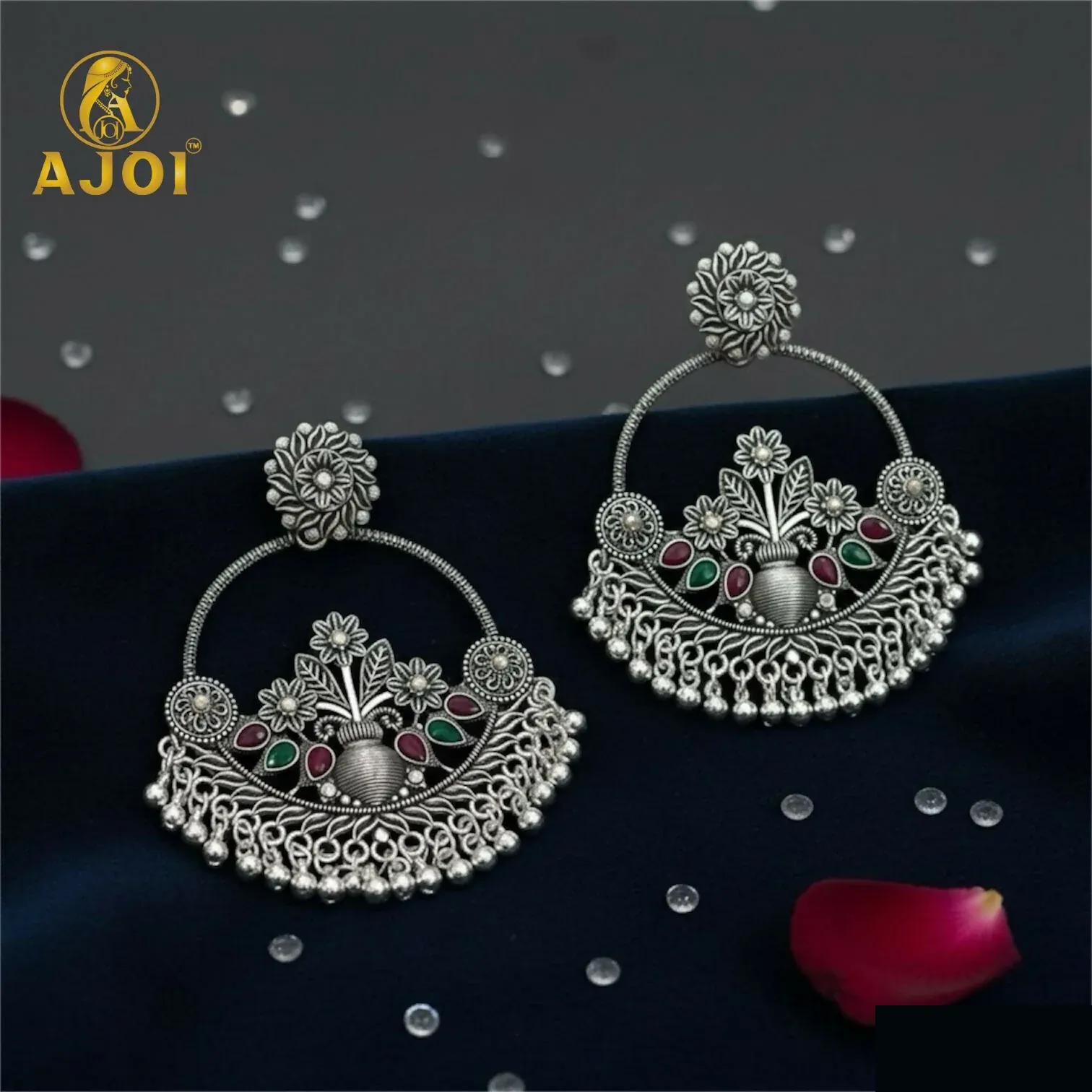 Oxidised Silver Floral Chandbali Earrings with Color Stones & Ghungroo - Detailed Feature View 3