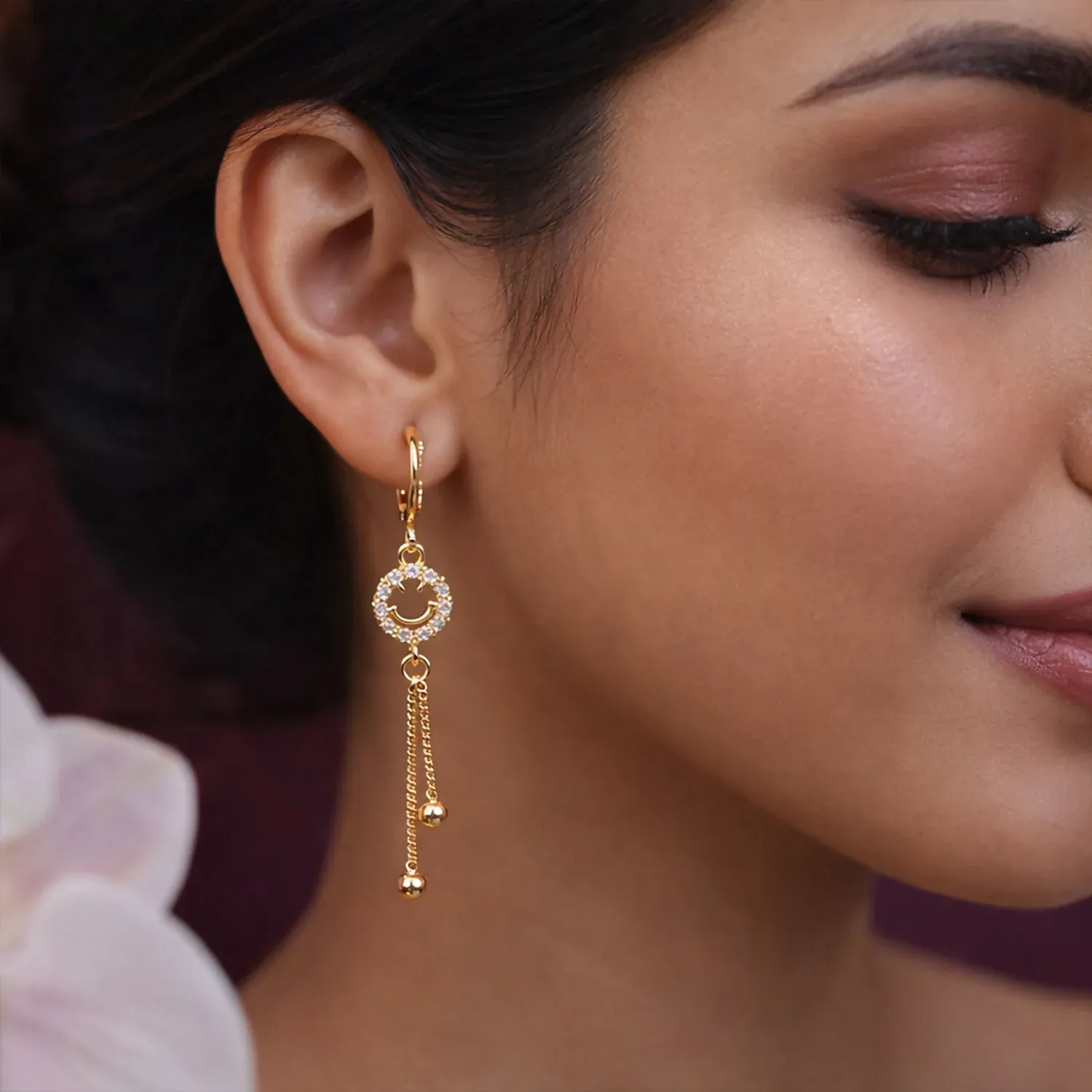 Premium Gold-Tone Smiley Crystal Circle Tassel Drop Earrings for Women - Buy Online at Alikart