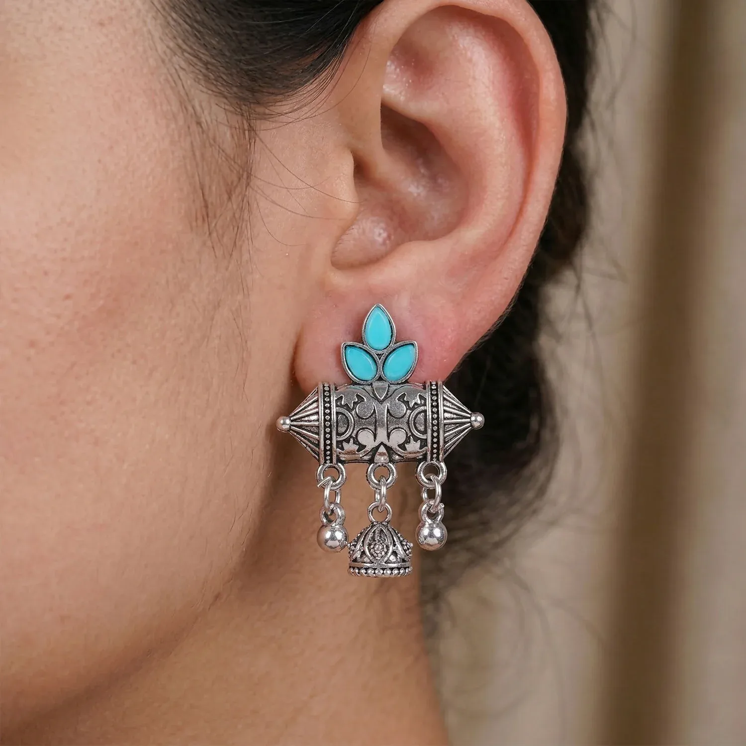 Oxidized Silver-Plated Sky Blue Leaf & Dhol Earrings with Mini Jhumka - Detailed Feature View 1