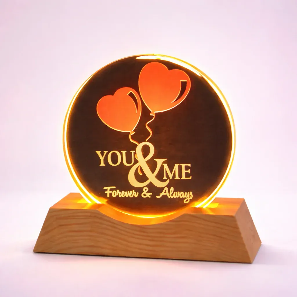 You & Me Forever LED Acrylic Lamp with Wooden Base | Romantic Night Light - Detailed Feature View 1